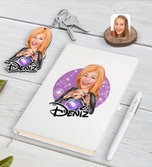 Kişiye Özel Kadın Astrolog Karikatürlü Beyaz Defter Kalem ve Anahtarlık Hediye Seti-1