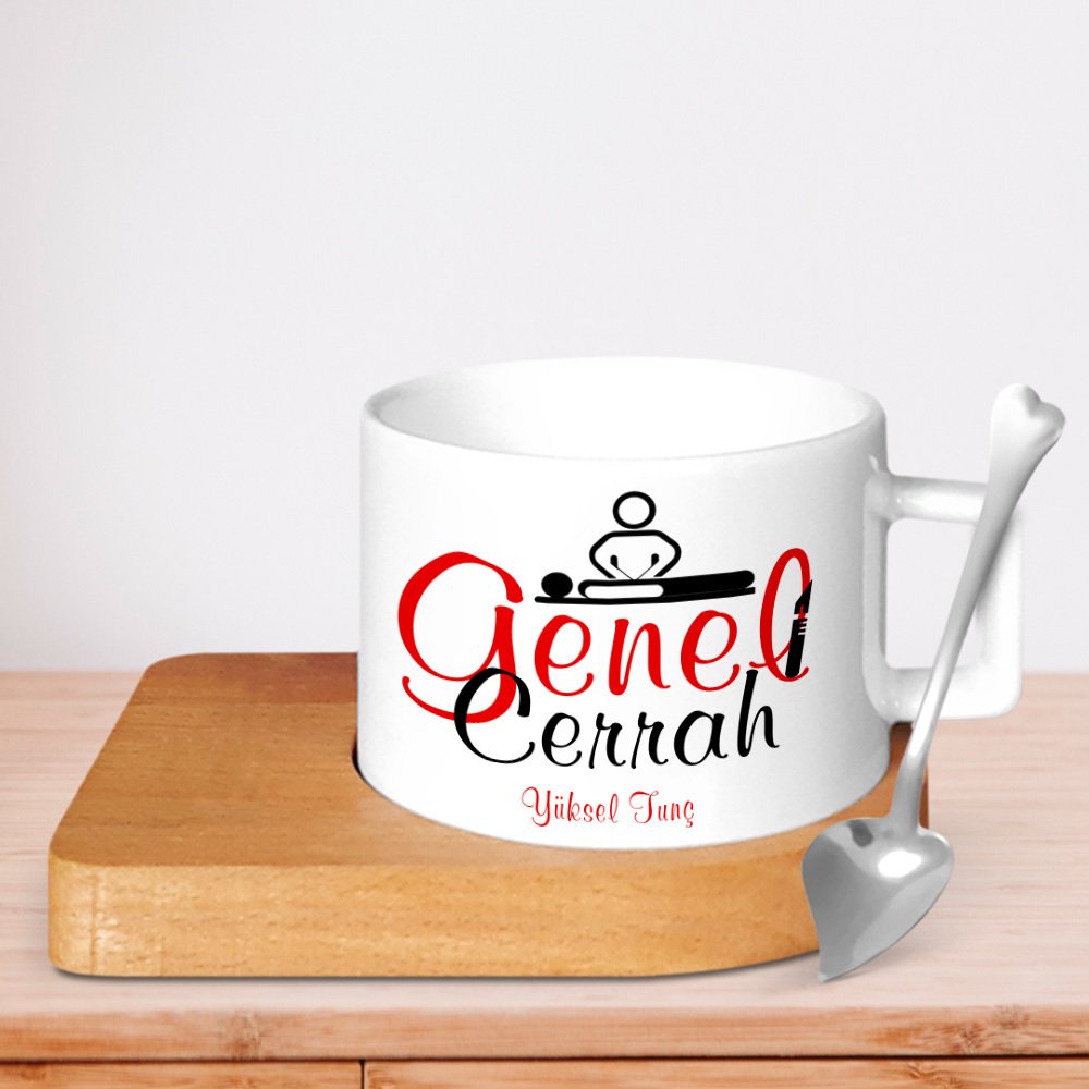 Kişiye Özel Mesleki Genel Cerrah Ahşap Altlıklı Seramik Fincan - 1