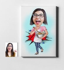 Kişiye Özel Ev Hanımı Anne Karikatür Kanvas Tablo (50 x 70 cm.) 3