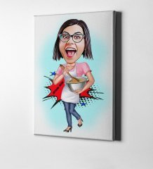 Kişiye Özel Ev Hanımı Anne Karikatür Kanvas Tablo (50 x 70 cm.) 3