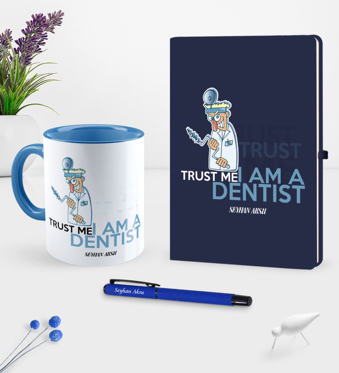 Kişiye Özel Diş Hekimi Temalı Lacivert Defter Kalem Kupa Seti - 3