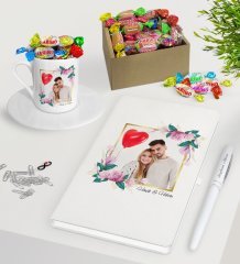 Kişiye Özel İsimli Fotoğraflı Beyaz Defter Kalem Türk Kahvesi Fincanı ve Kutulu Haribo Şeker Hediye Seti-30