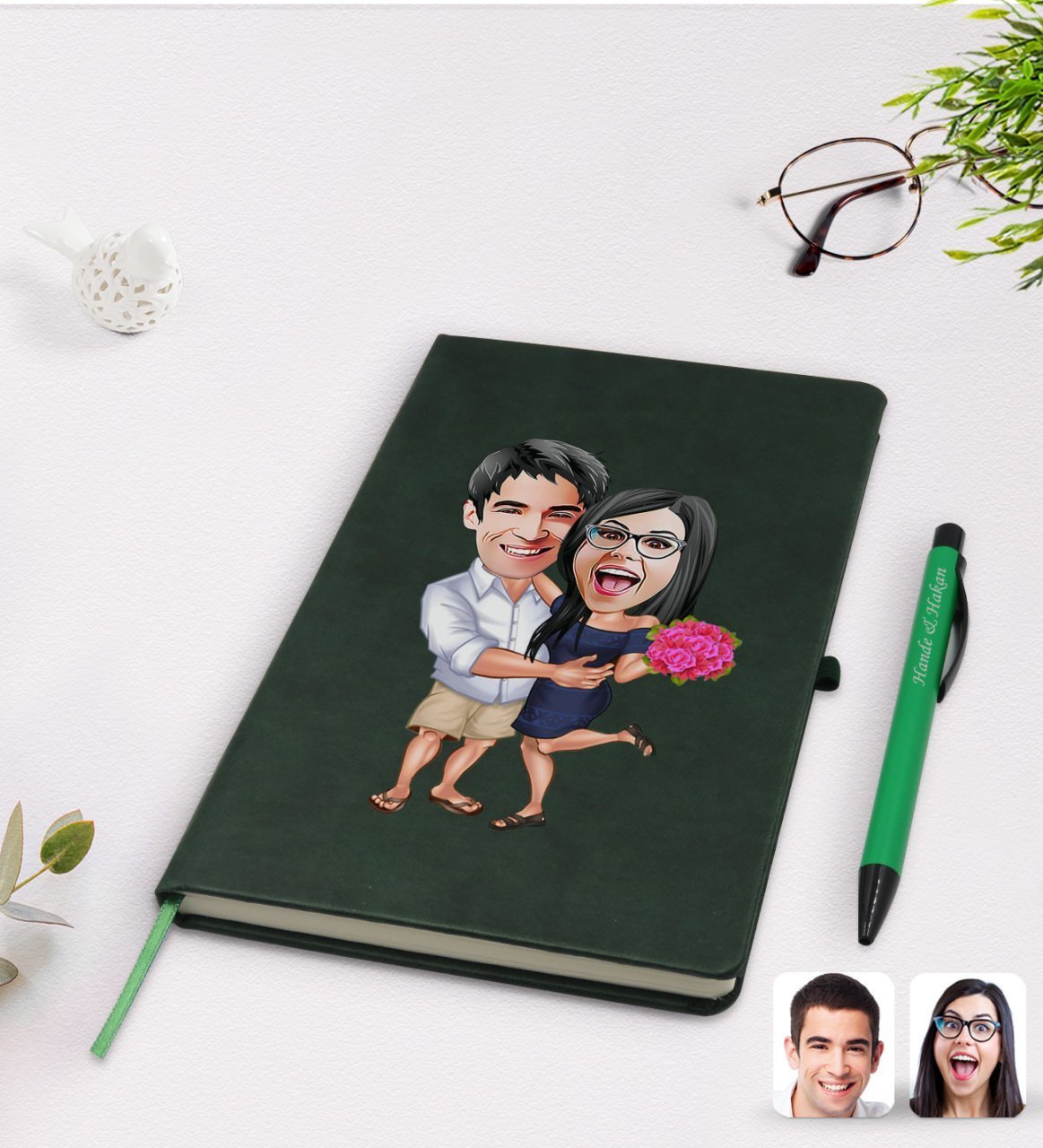 Kişiye Özel Sevgililer Karikatürlü Yeşil Termo Deri Defter Kalem Seti Model 108