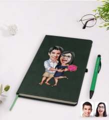 Kişiye Özel Sevgililer Karikatürlü Yeşil Termo Deri Defter Kalem Seti Model 108