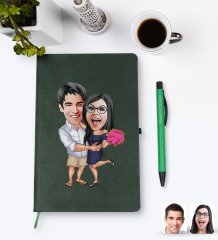 Kişiye Özel Sevgililer Karikatürlü Yeşil Termo Deri Defter Kalem Seti Model 108