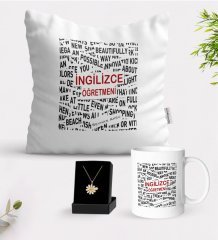 Kişiye Özel İngilizce Öğretmeni Beyaz Kupa Yastık ve İsimli Papatya Kolye Hediye Seti-3