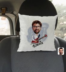 Kişiye Özel İsimli Erkek Gitarist Karikatürlü Kare Araç Koltuk Yastığı-2