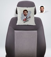 Kişiye Özel İsimli Erkek Gitarist Karikatürlü Kare Araç Koltuk Yastığı-2