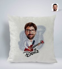Kişiye Özel İsimli Erkek Gitarist Karikatürlü Kare Araç Koltuk Yastığı-2