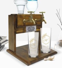 Kişiye Özel Renkli Baskılı Baş Harf İsim Tasarımlı İkili Rakı Bardağı ve Çift Musluklu Doğal Ahşap Rakı Standı-6
