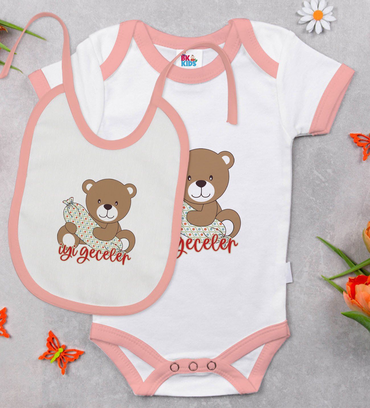 BK Kids Sevimli Ayıcık Tasarımlı Pembe Bebek Body Zıbın ve Mama Önlüğü Hediye Seti-1
