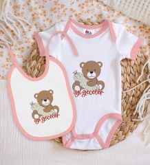 BK Kids Sevimli Ayıcık Tasarımlı Pembe Bebek Body Zıbın ve Mama Önlüğü Hediye Seti-1