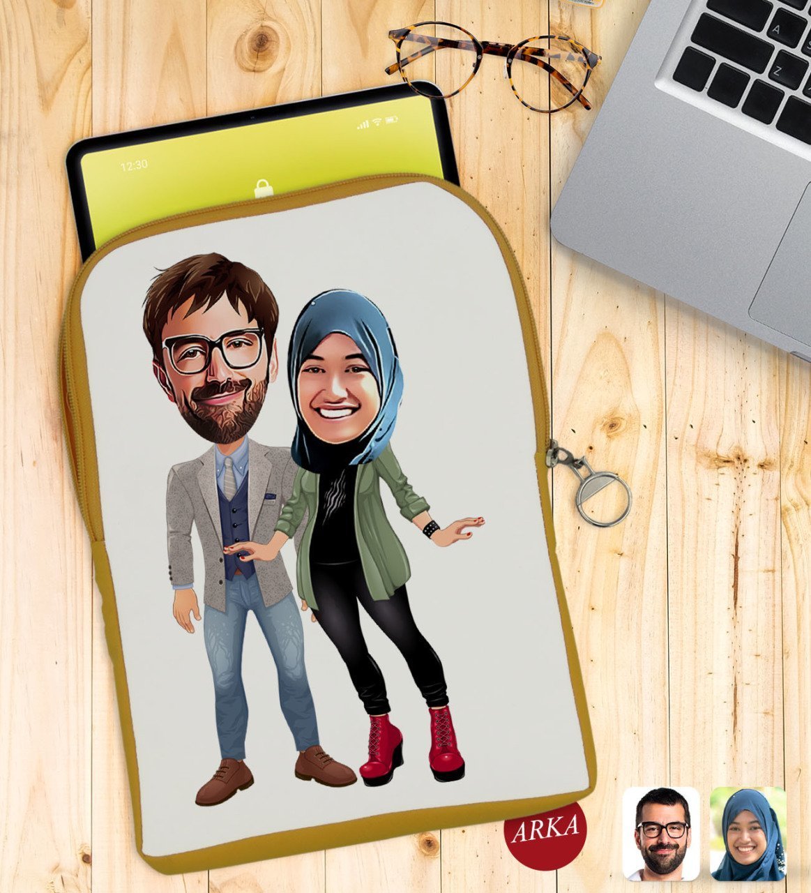 Kişiye Özel Sevgililer Karikatürlü Taşınabilir Koruyucu Tablet Kılıfı & Organizer Çanta - Sarı-60