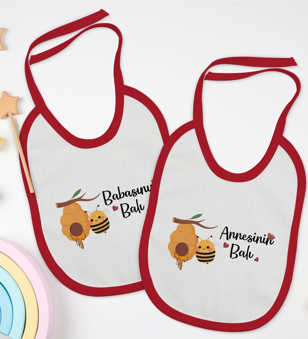 BK Kids Annesinin ve Babasının Balı Tasarımlı 2’li Kırmızı Mama Önlüğü-1
