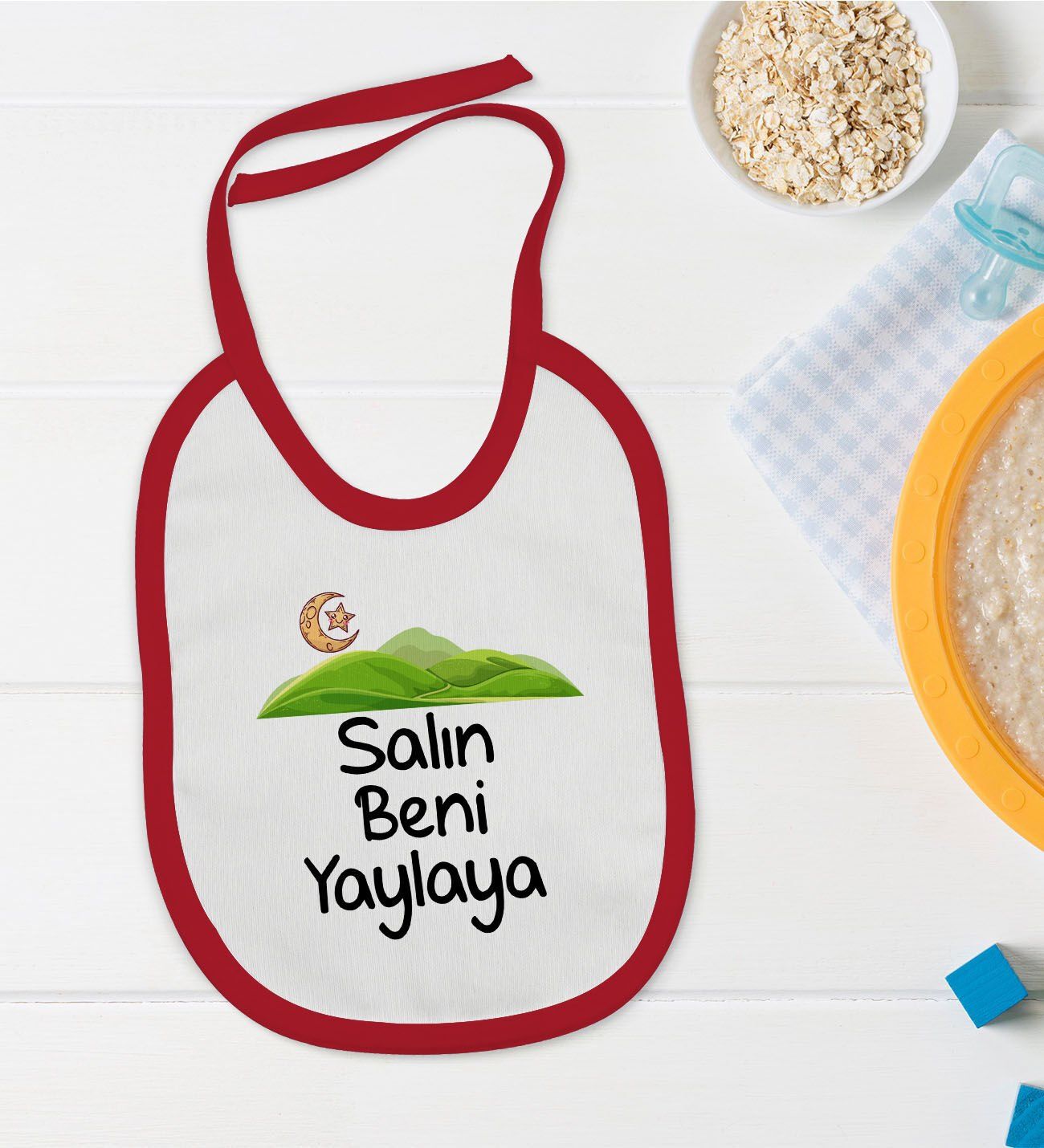 BK Kids Salın Beni Yaylaya Tasarımlı Kırmızı Bebek Mama Önlüğü-1