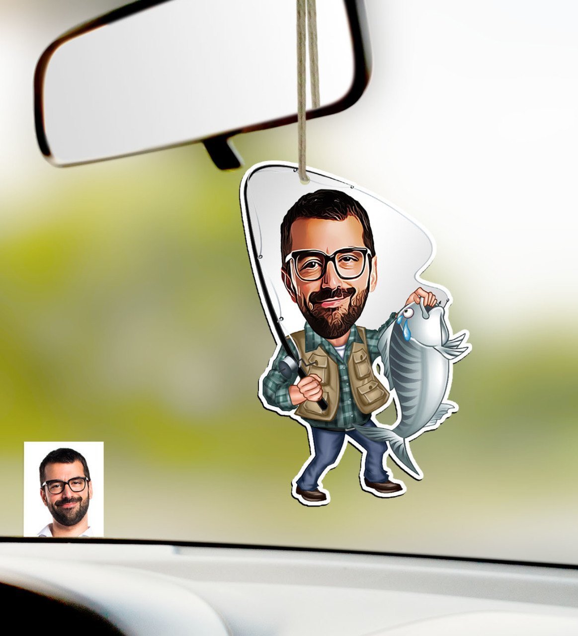 Kişiye Özel Bay Balıkçı Karikatürlü Ahşap Araba Dikiz Ayna Süsü