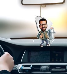 Kişiye Özel Bay Balıkçı Karikatürlü Ahşap Araba Dikiz Ayna Süsü