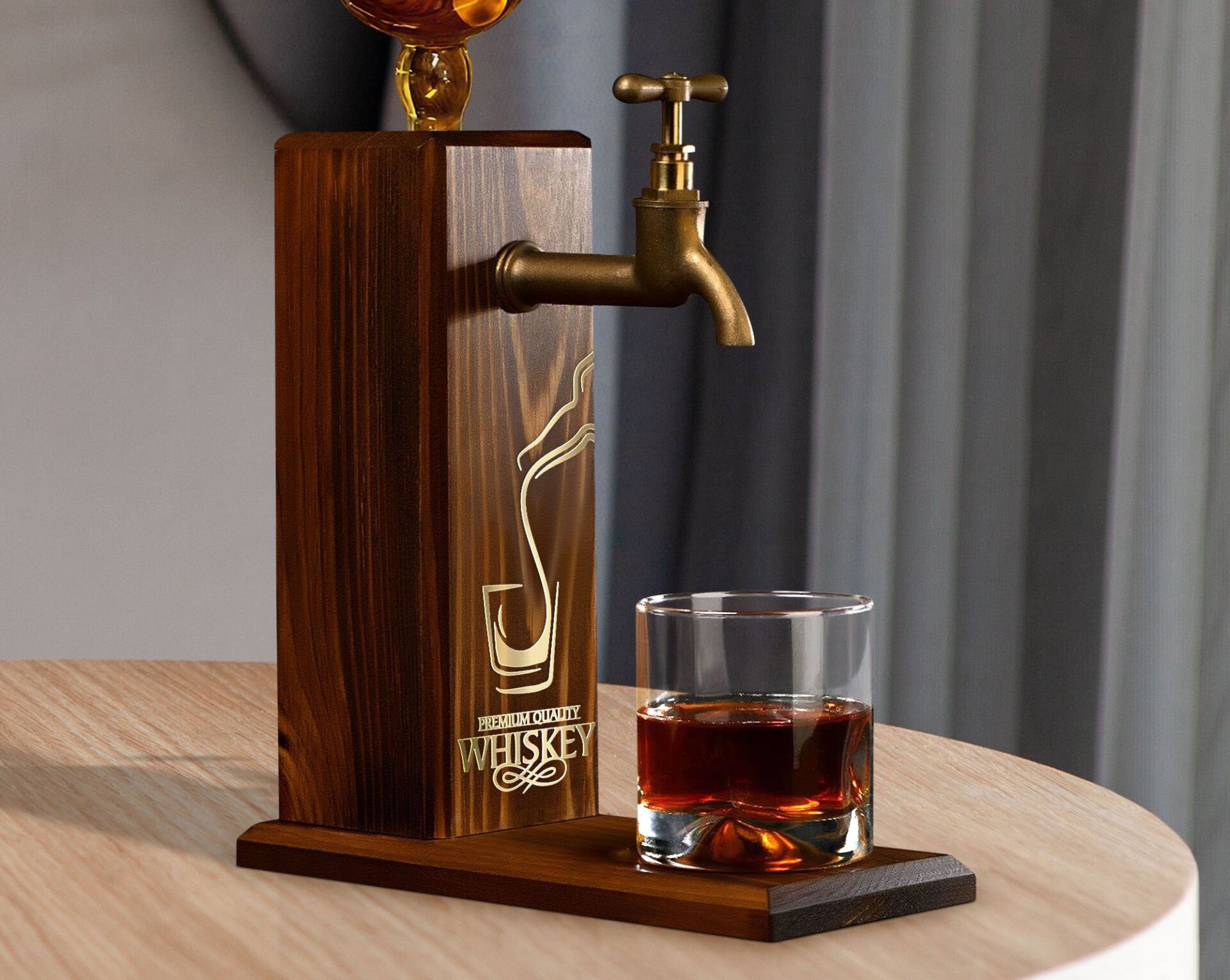 BK Gift Aynalı Altın Kabartma Musluklu Doğal Ceviz Ahşap Viski Standı, Home Bar, İçecek Dispenseri, Ahşap İçecek Çeşmesi-8