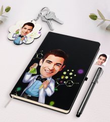 Kişiye Özel Erkek Fen Bilimleri Öğretmeni Karikatürlü Siyah Defter Kalem Ve Anahtarlık Hediye Seti-3
