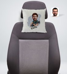 Kişiye Özel İsimli Erkek Gitarist Karikatürlü Kare Araç Koltuk Yastığı-1