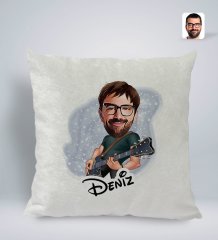 Kişiye Özel İsimli Erkek Gitarist Karikatürlü Kare Araç Koltuk Yastığı-1
