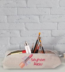 Kişiye Özel İsimli Keten Bez Makyaj Çantası-14