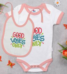 BK Kids Good Vibes Only Tasarımlı Pembe Bebek Body Zıbın ve Mama Önlüğü Hediye Seti-1