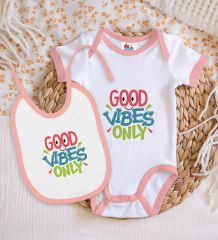 BK Kids Good Vibes Only Tasarımlı Pembe Bebek Body Zıbın ve Mama Önlüğü Hediye Seti-1