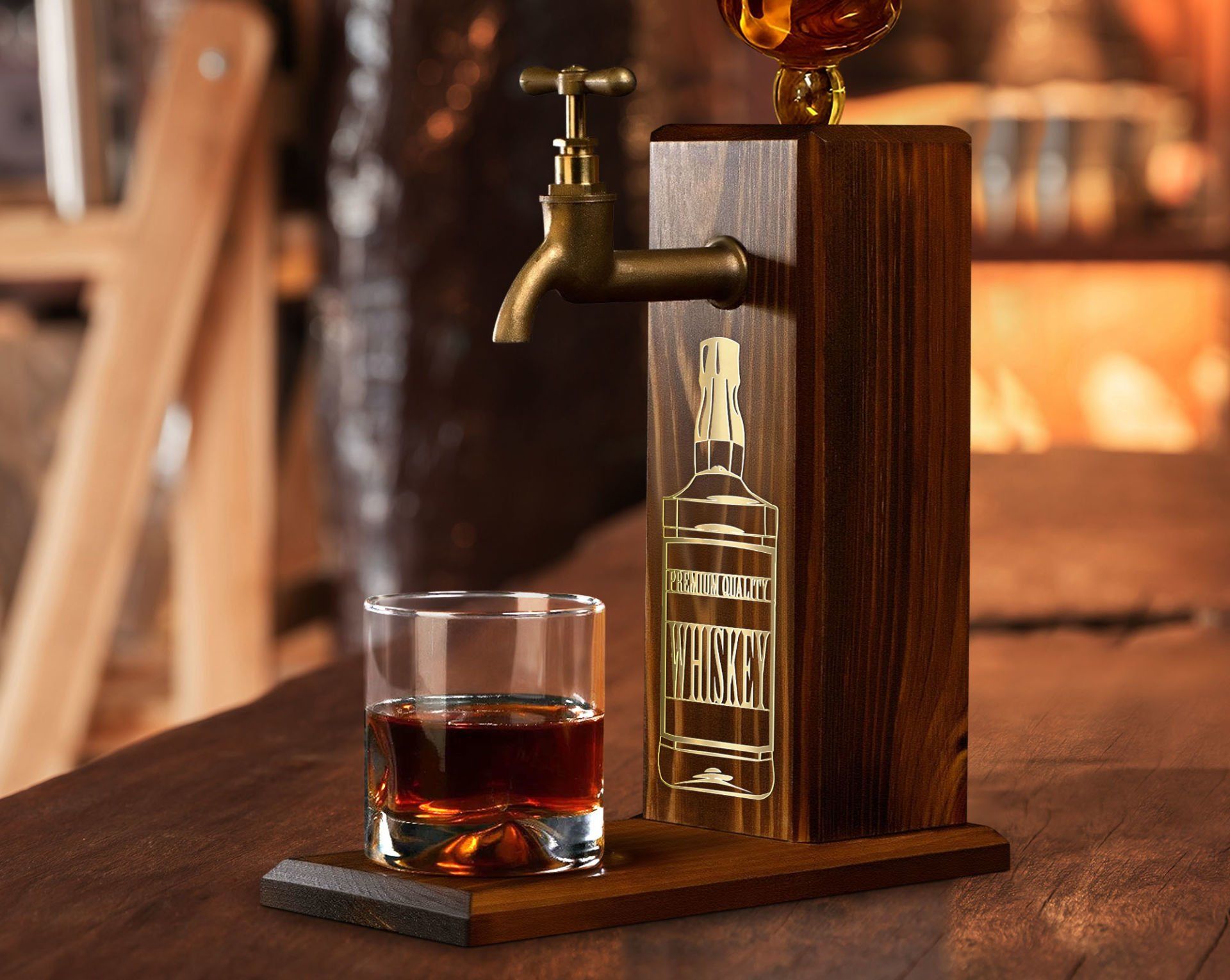 BK Gift Aynalı Altın Kabartma Musluklu Doğal Ceviz Ahşap Viski Standı, Home Bar, İçecek Dispenseri, Ahşap İçecek Çeşmesi-7
