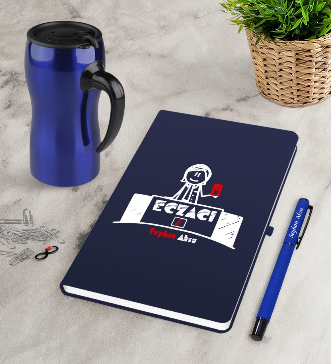 Kişiye Özel Eczacı Lacivert Defter Kalem Termos Mug Seti-5