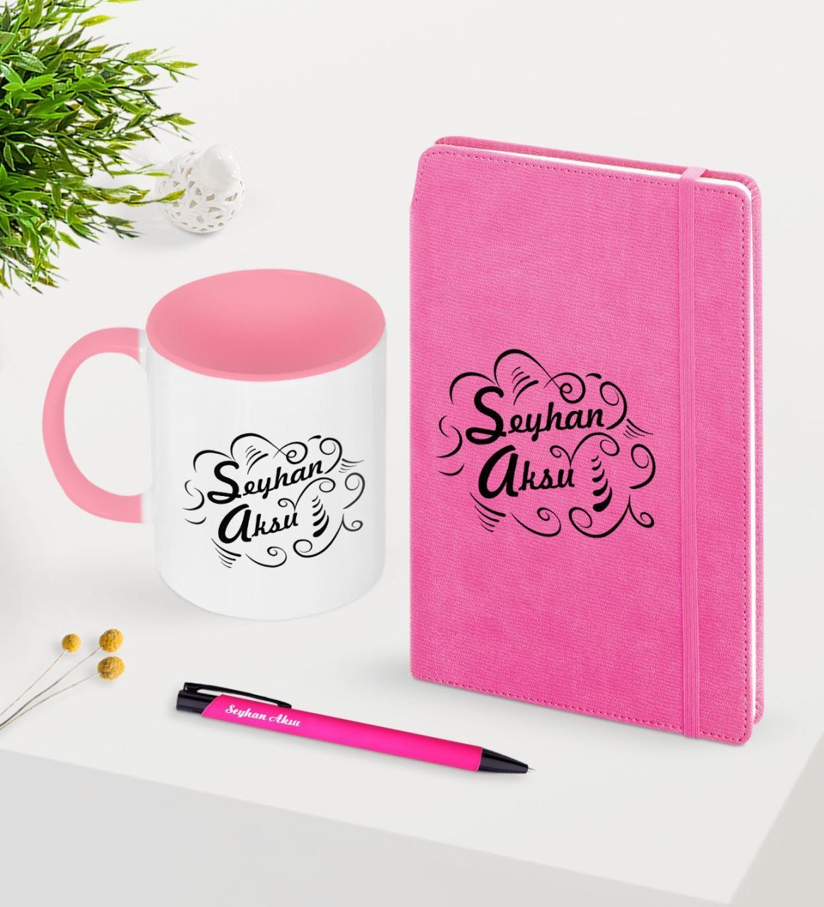 Kişiye Özel İsimli Pembe Defter Kalem Kupa Seti -6