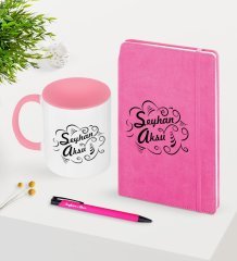 Kişiye Özel İsimli Pembe Defter Kalem Kupa Seti -6