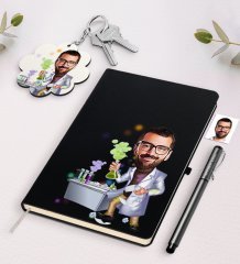 Kişiye Özel Erkek Fen Bilimleri Öğretmeni Karikatürlü Siyah Defter Kalem Ve Anahtarlık Hediye Seti-2
