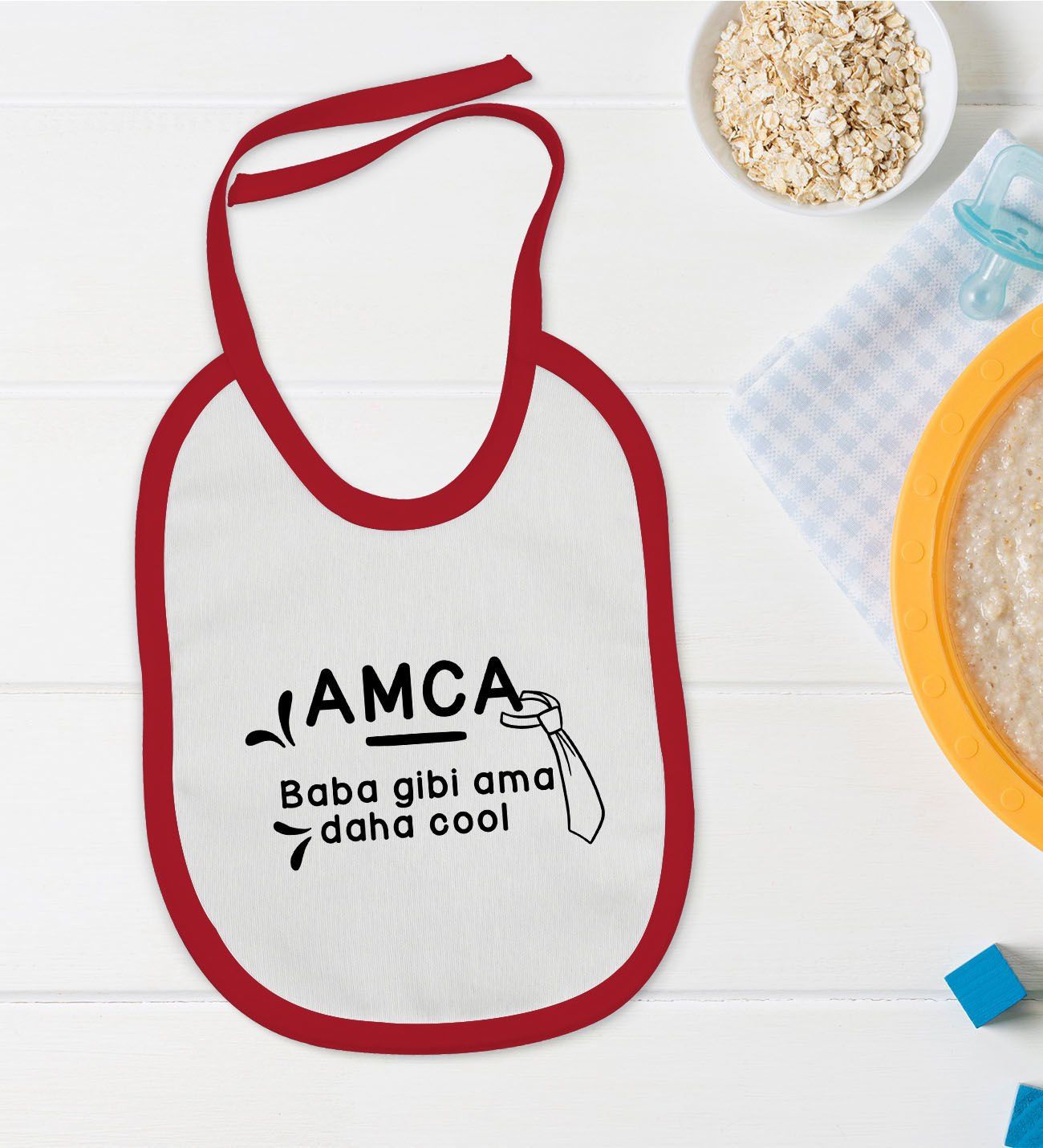 BK Kids Amca Baba Gibi Tasarımlı Kırmızı Bebek Mama Önlüğü-1