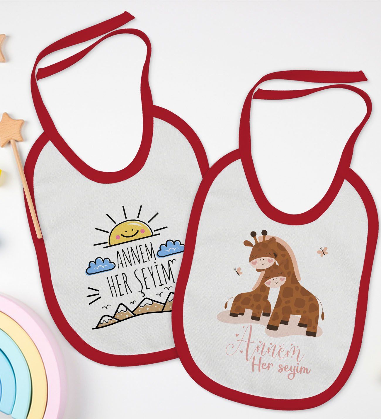 BK Kids Annem Her Şeyim Tasarımlı 2’li Kırmızı Mama Önlüğü-1