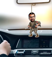 Kişiye Özel Asker Karikatürlü Ahşap Araba Dikiz Ayna Süsü-1