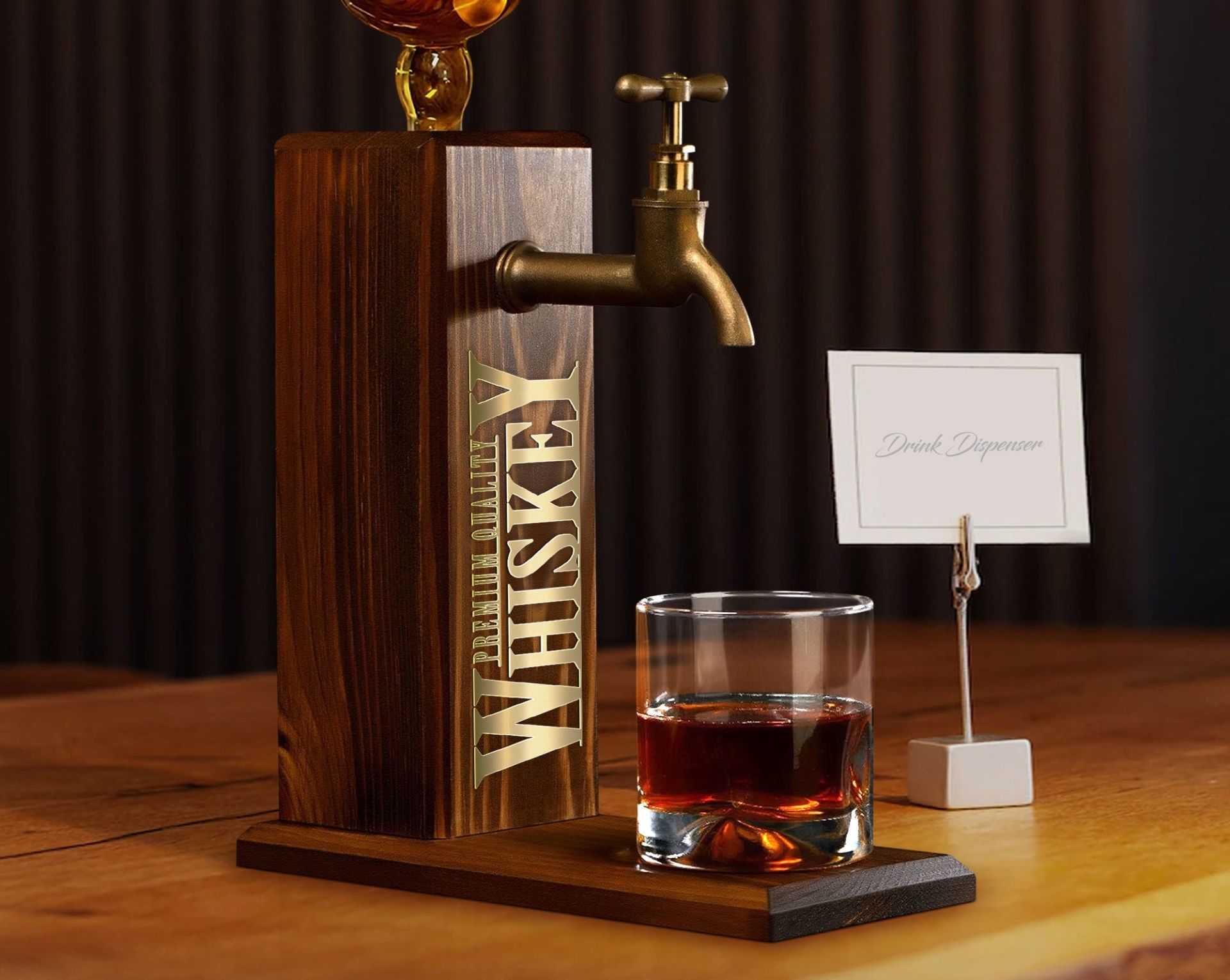 BK Gift Aynalı Altın Kabartma Musluklu Doğal Ceviz Ahşap Viski Standı, Home Bar, İçecek Dispenseri, Ahşap İçecek Çeşmesi-6