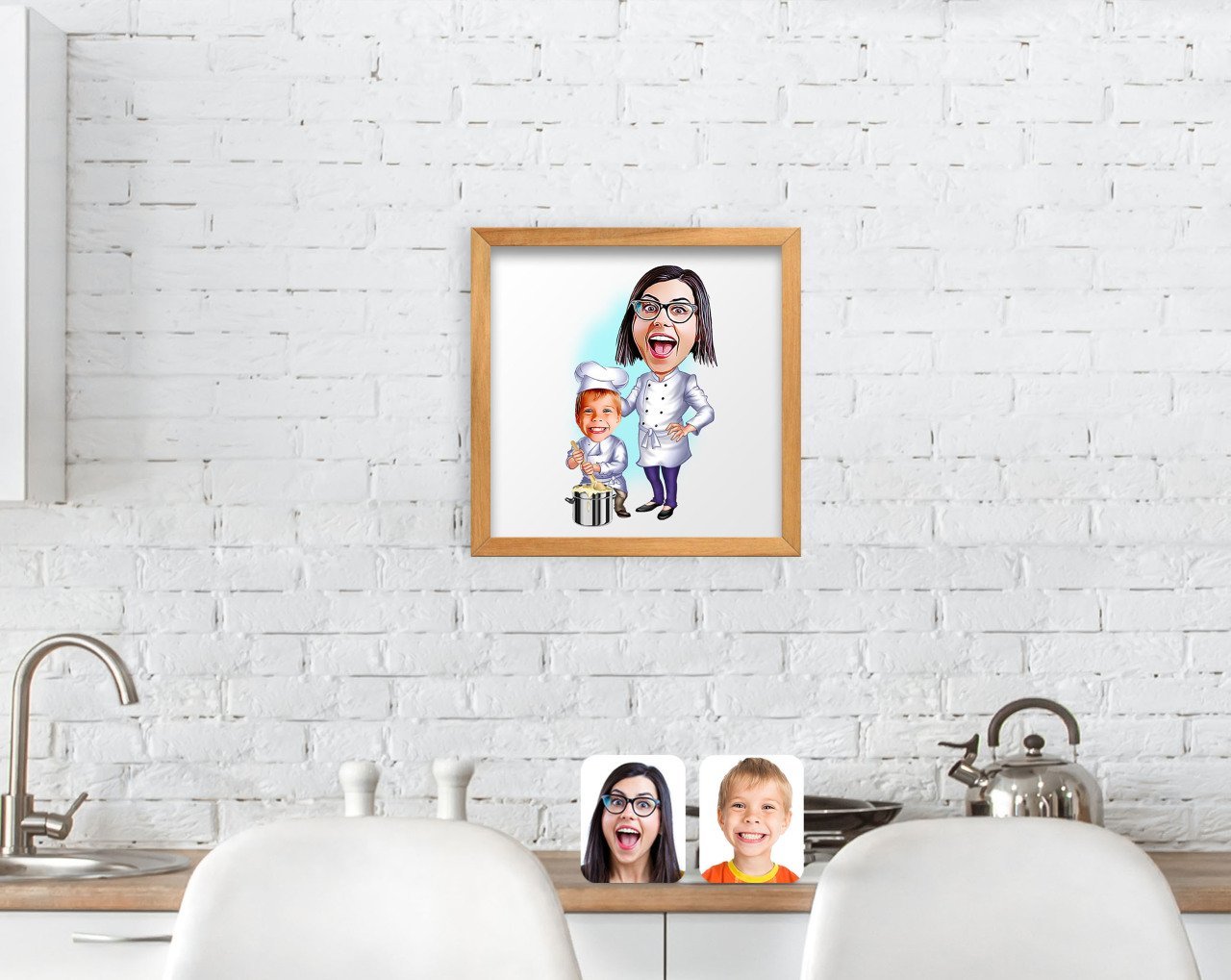 BK Home Anne Oğul Chef Karikatürlü El Yapımı Ahşap Çerçeveli Tablo-1