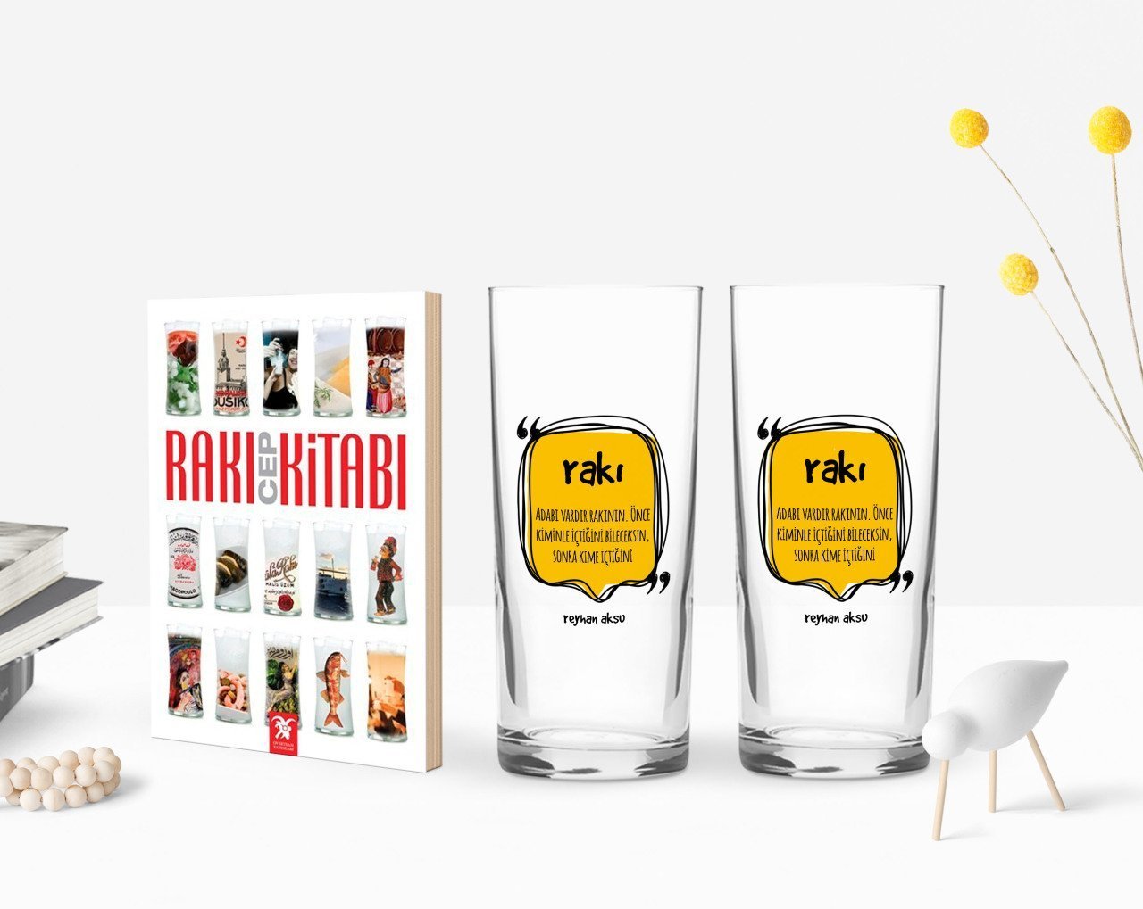 Kişiye Özel Renkli Baskılı Adabı Vardır Rakının Tasarımlı İkili Rakı Bardağı ve Rakı Cep Kitabı Hediye Seti-1