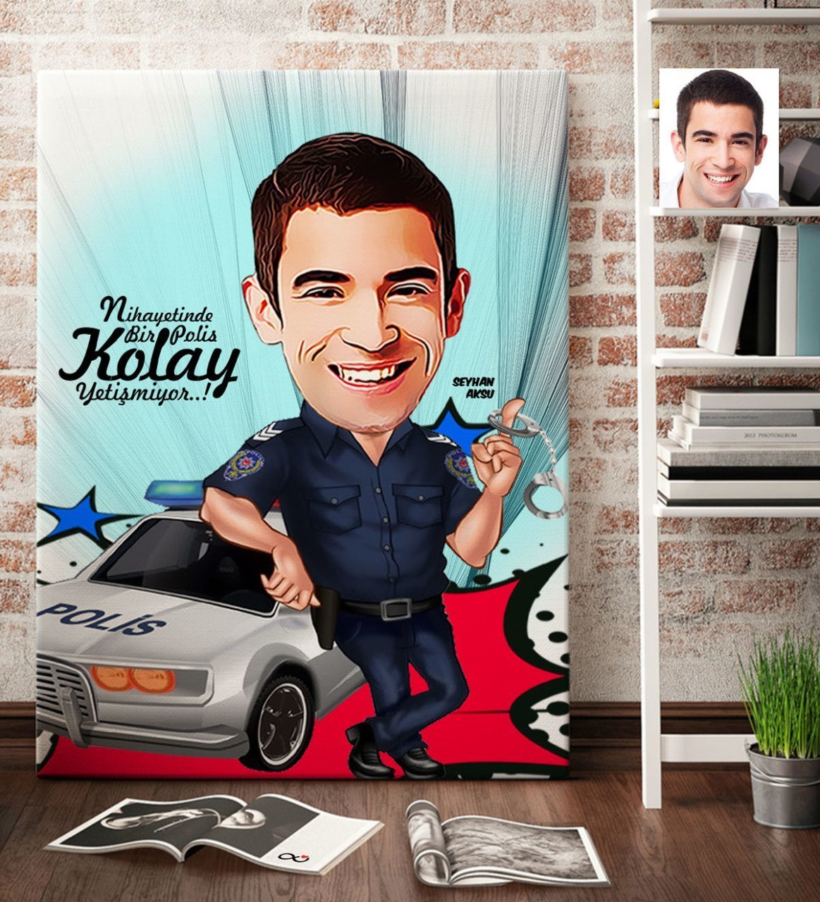 Kişiye Özel Bay Polis Karikatür Kanvas Tablo (70 x 100 cm.) 5