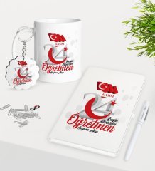 Kişiye Özel Bugün Günlerden Öğretmen Kupa Anahtarlık Beyaz Defter Kalem Hediye Seti-2