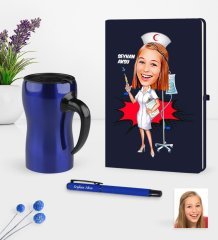 Kişiye Özel Hemşire Karikatürlü Lacivert Defter Kalem Termos Mug Seti - 2
