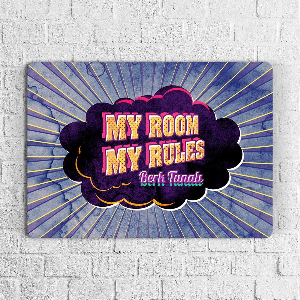 Kişiye Özel Retro My Room My Rules Tasarımlı Ahşap Duvar Levhası - 1