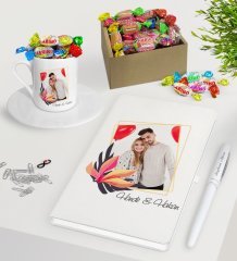 Kişiye Özel İsimli Fotoğraflı Beyaz Defter Kalem Türk Kahvesi Fincanı ve Kutulu Haribo Şeker Hediye Seti-27