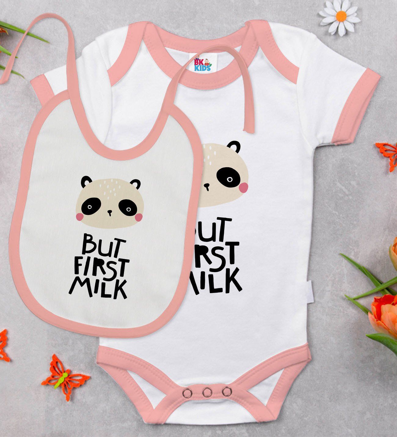 BK Kids But First Milk Tasarımlı Pembe Bebek Body Zıbın ve Mama Önlüğü Hediye Seti-1