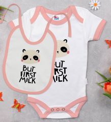 BK Kids But First Milk Tasarımlı Pembe Bebek Body Zıbın ve Mama Önlüğü Hediye Seti-1