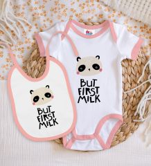BK Kids But First Milk Tasarımlı Pembe Bebek Body Zıbın ve Mama Önlüğü Hediye Seti-1