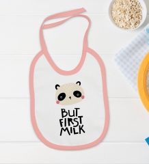 BK Kids But First Milk Tasarımlı Pembe Bebek Body Zıbın ve Mama Önlüğü Hediye Seti-1