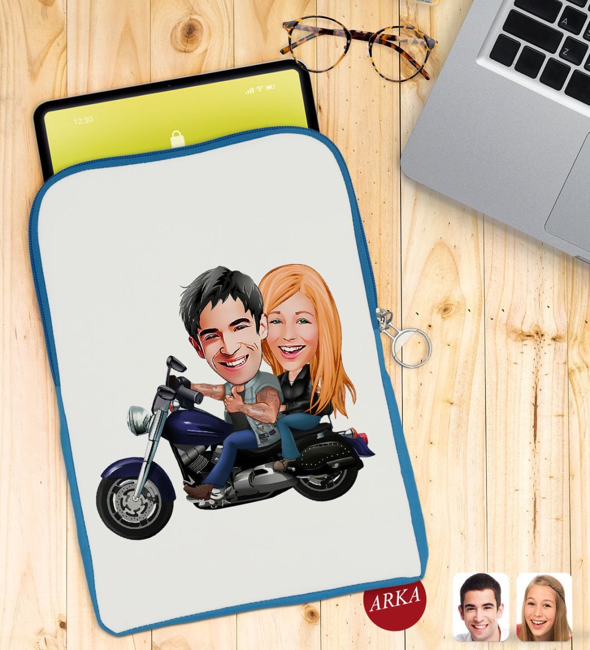 Kişiye Özel Motorcu Sevgililer Karikatürlü Taşınabilir Koruyucu Tablet Kılıfı & Organizer Çanta - Mavi-1