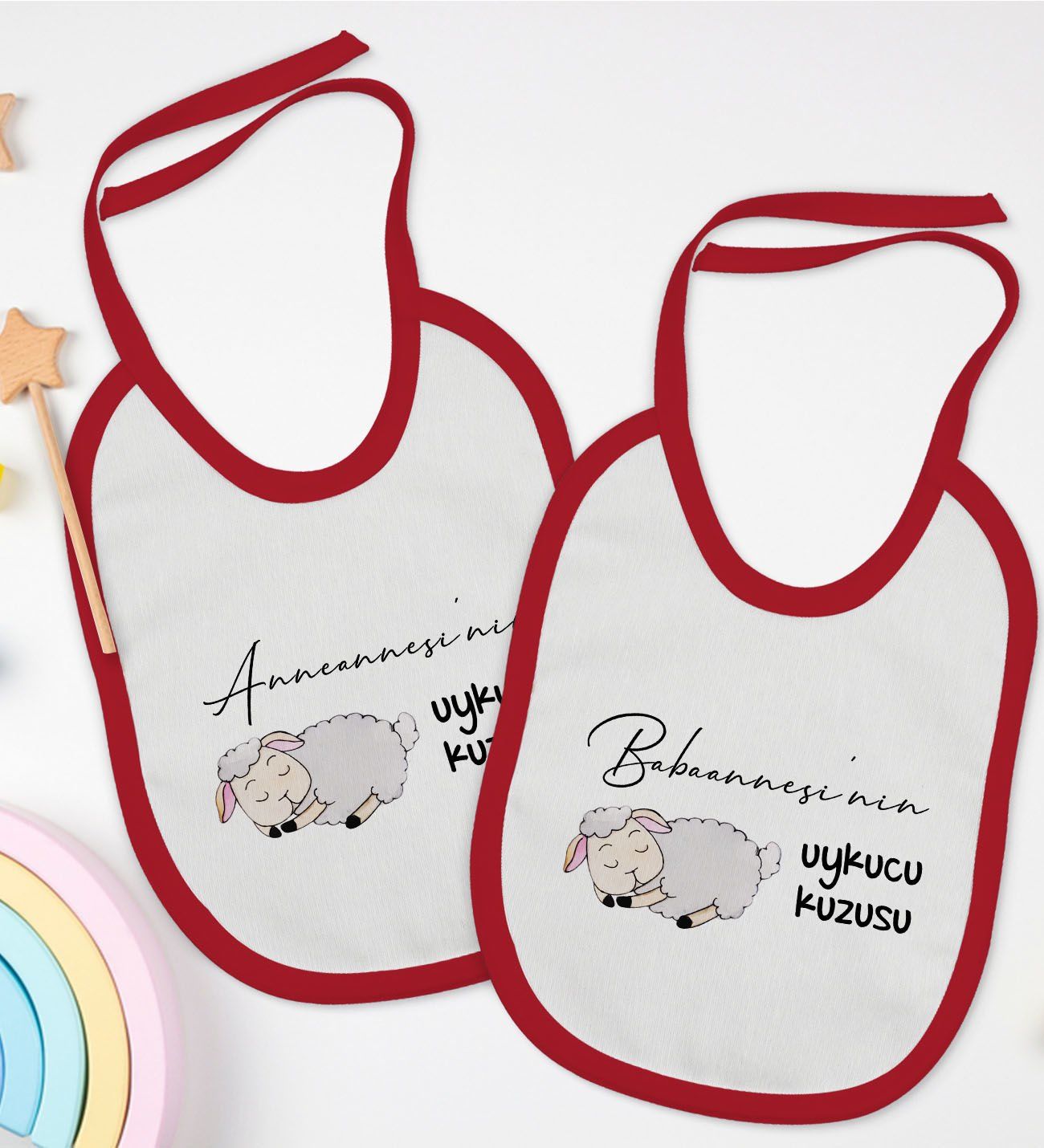 BK Kids Anneanne ve Babaanne Tasarımlı 2’li Kırmızı Mama Önlüğü-1
